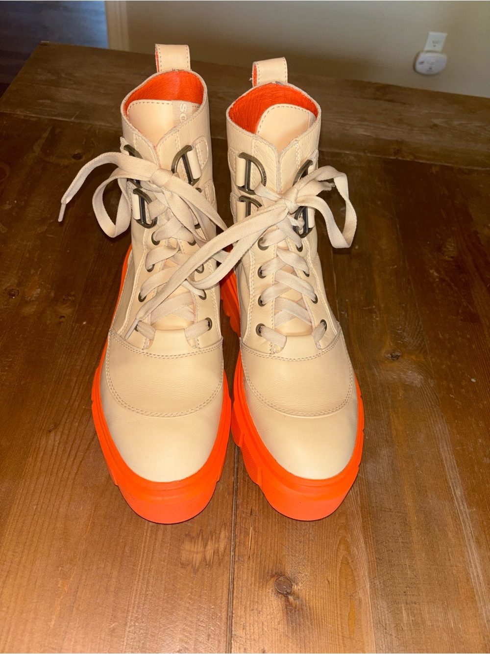 Sorel Lace-Up Platform Boots in Cream and Bright Orange - Picture 3 of 6